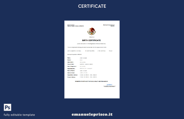 certificato di nascita del Messico in stile verificato modello Word e PDF